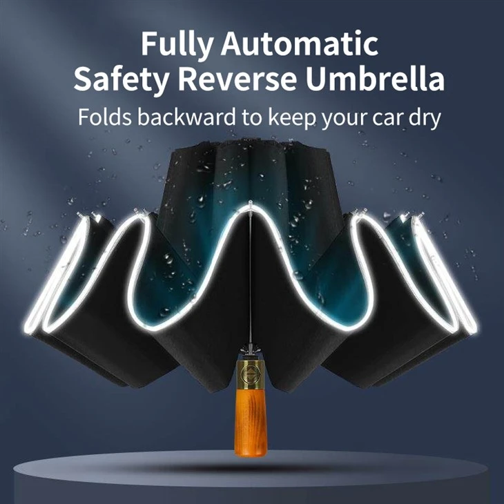 3 Fold Reverse Umbrella With Natural Solid Wood Handle Windproof Folding Inverted Rain Umbrella Portable For Business Travel Daily Use suppliers