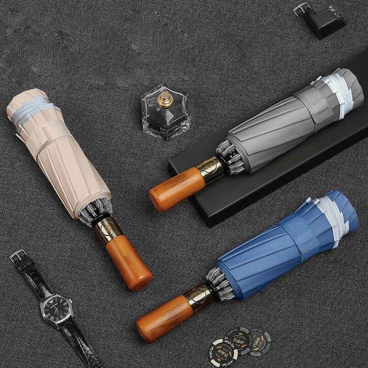 3 Fold Reverse Umbrella With Natural Solid Wood Handle Windproof Folding Inverted Rain Umbrella Portable For Business Travel Daily Use factory