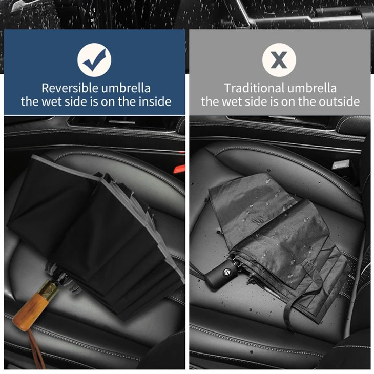 3 Fold Reverse Umbrella With Natural Solid Wood Handle Windproof Folding Inverted Rain Umbrella Portable For Business Travel Daily Use high quality