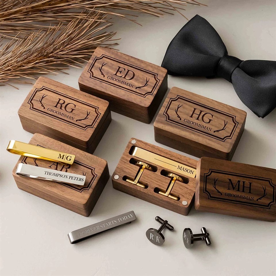 Engraved Cufflinks Tie Clip Set Gift Box Custom Personalized Jewelry Gift For Dad Father